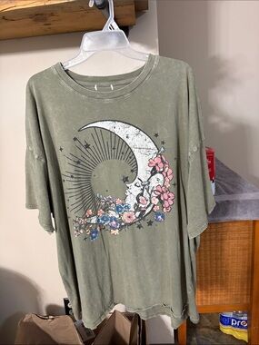 Washed Olive Moon & Floral Graphic Tee - Women